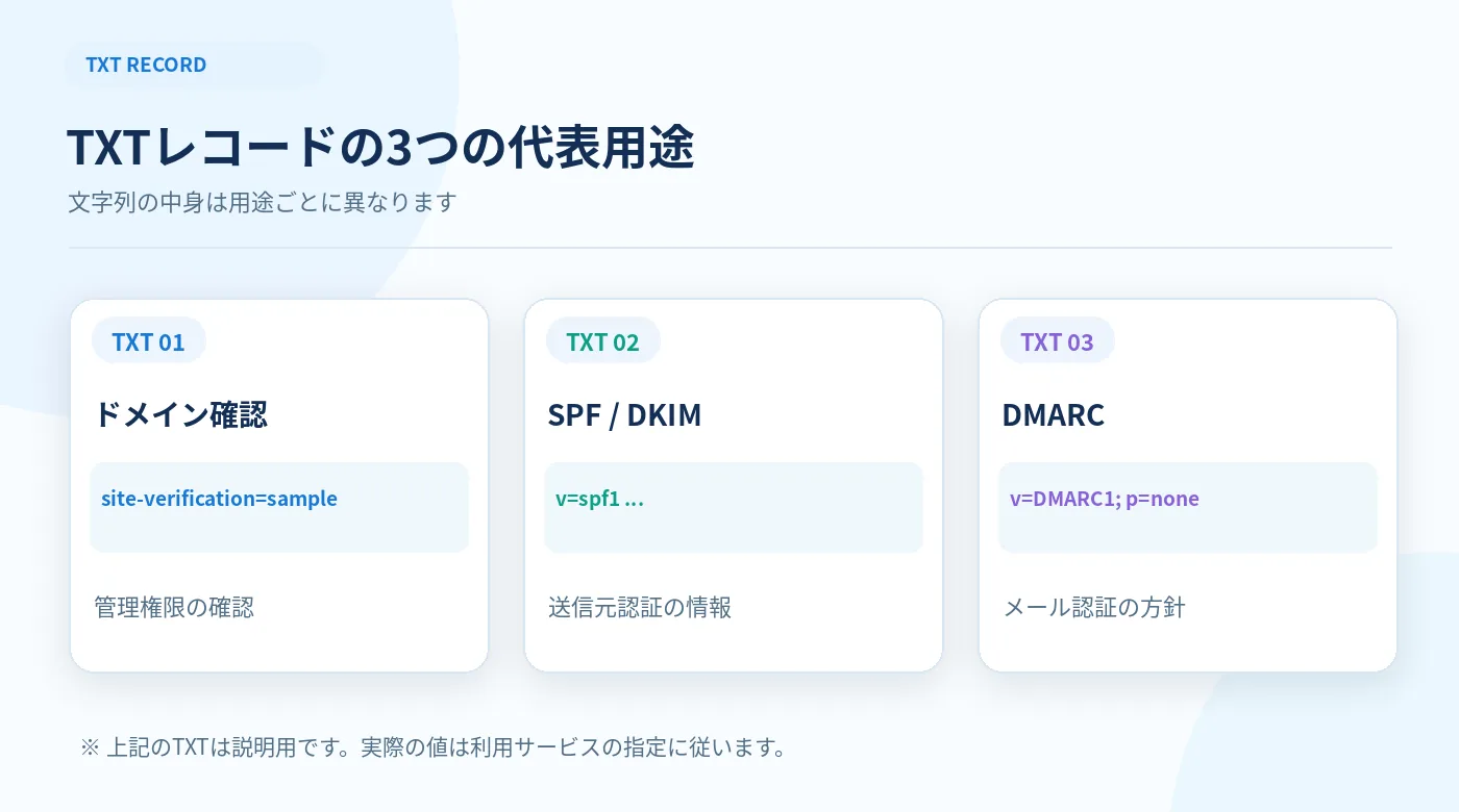 TXTの用途としてドメイン所有確認、SPF・DKIM、DMARCを並べた図解