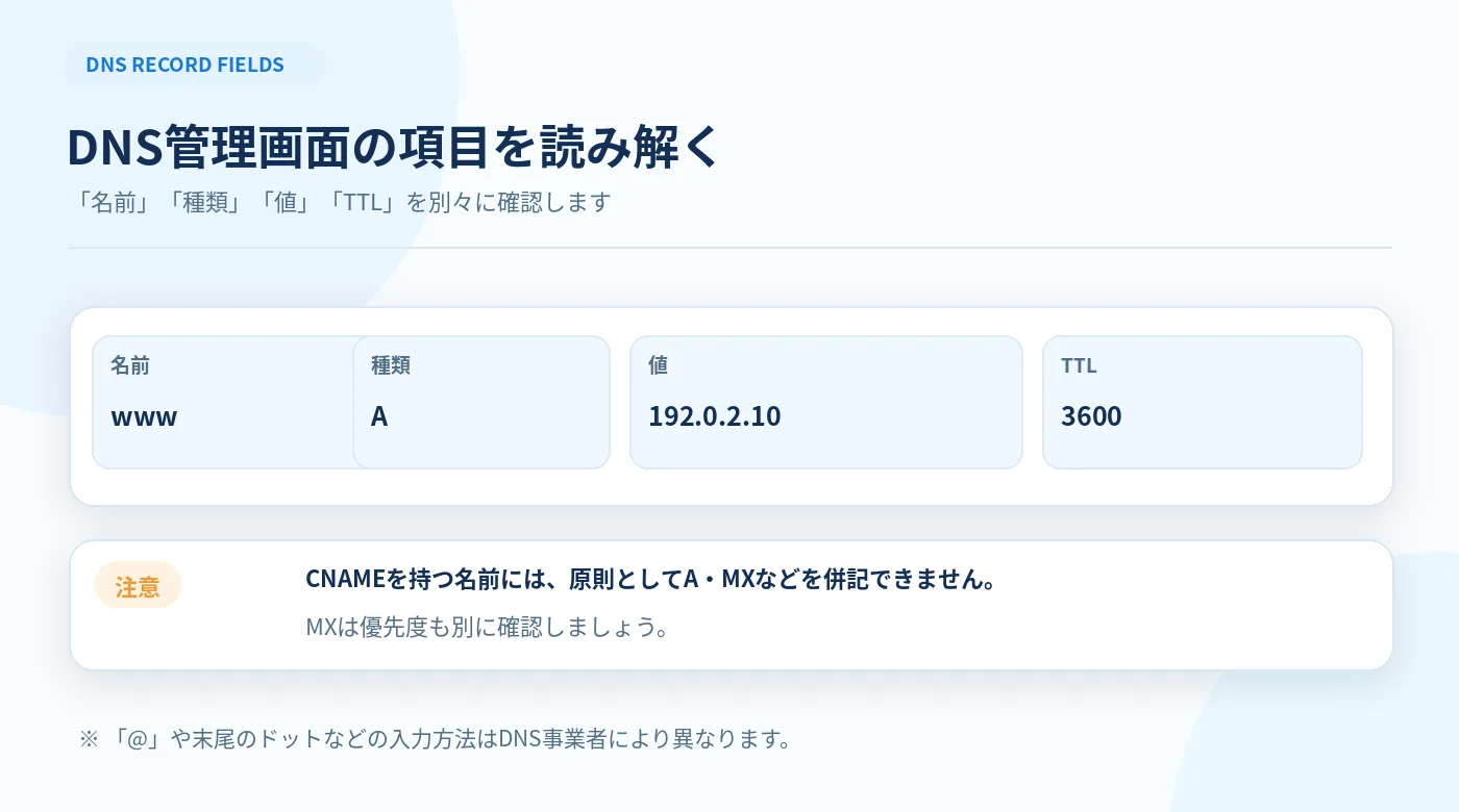 DNS管理画面の名前・種類・値・TTLの項目とCNAMEやMXの注意点を示す図解