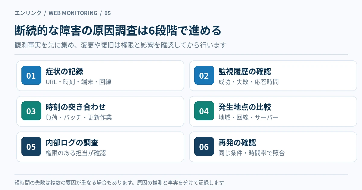 症状と時刻の記録、監視履歴の確認、負荷やバッチとの突き合わせ、地域や回線の比較、内部ログの調査、再発の確認という6段階のチェック図