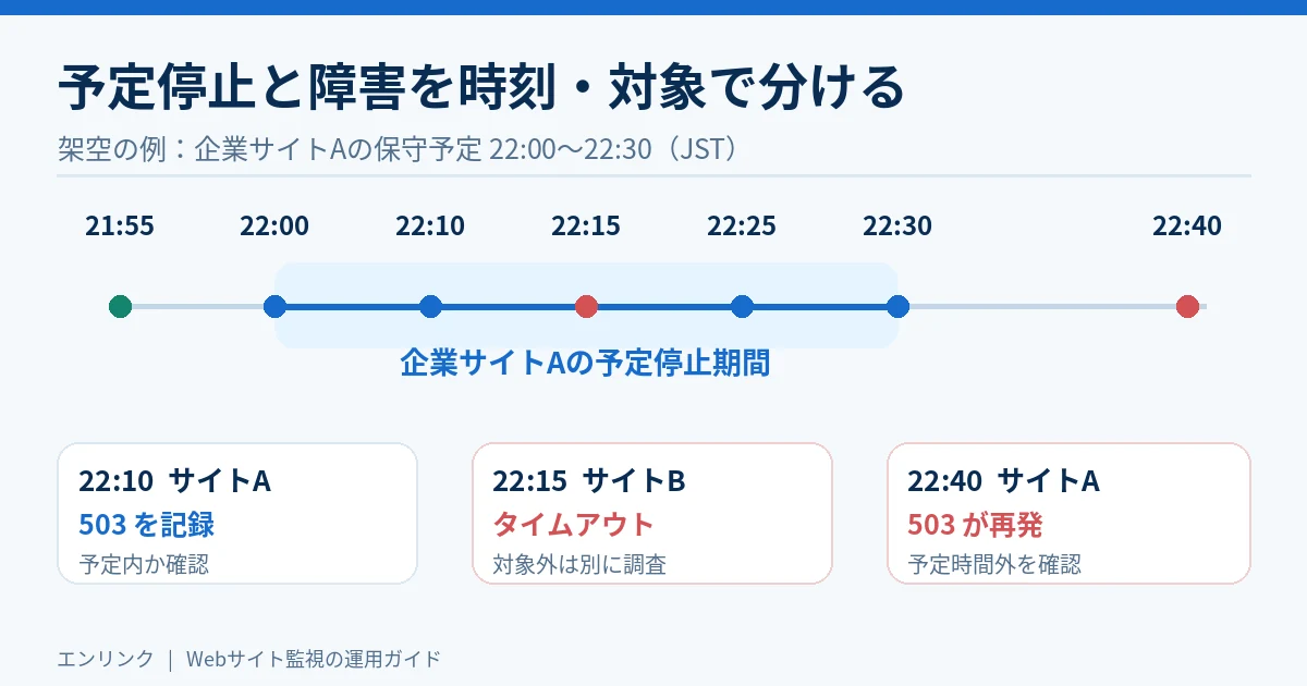 企業サイトAの22時から22時30分までの予定停止に対し22時10分の503、対象外サイトBの22時15分のタイムアウト、予定終了後22時40分のサイトAの503を区別する架空の時系列図